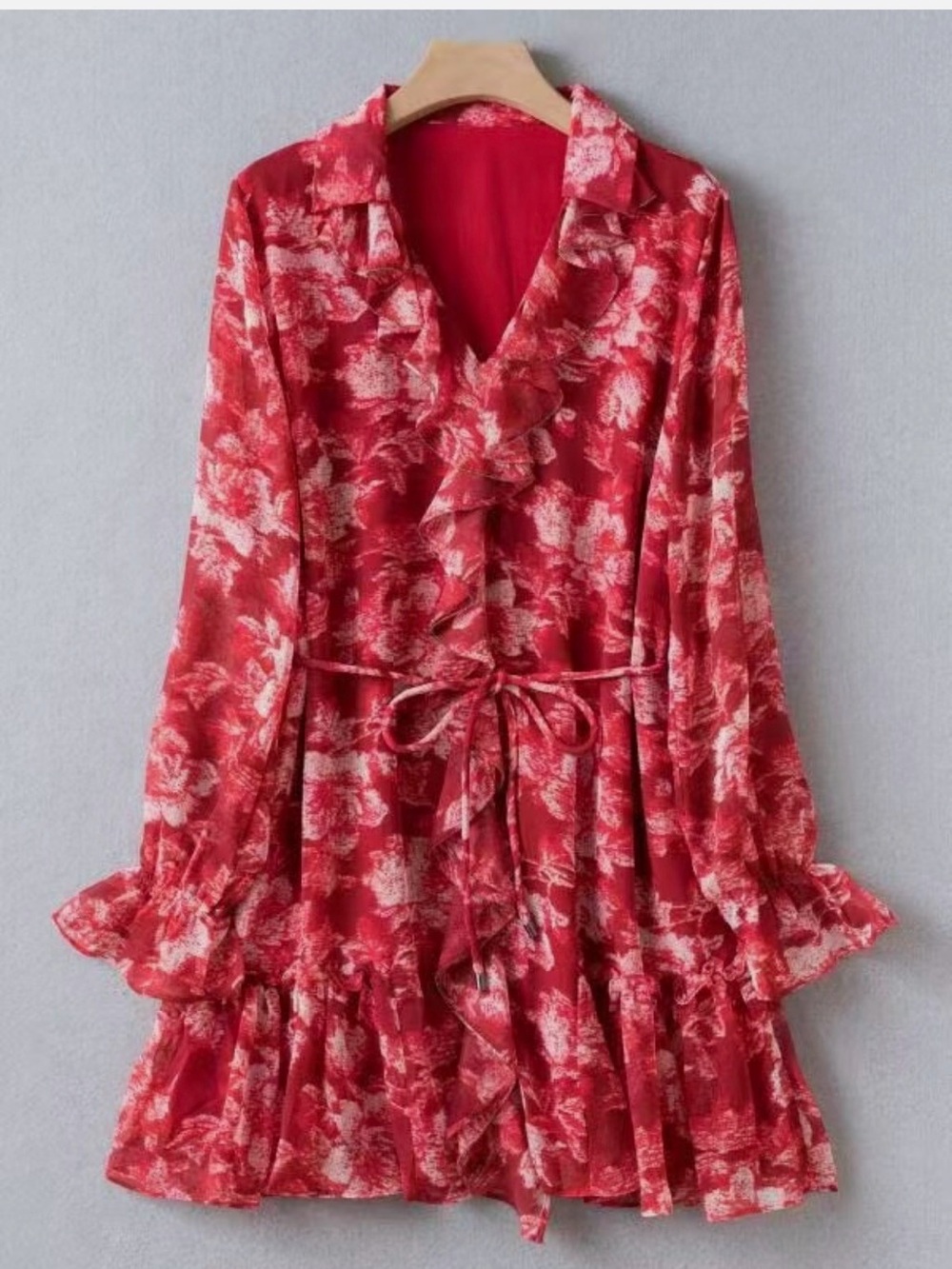 Ted Baker Red and White Floral Ruffle Tie-Waist Dress